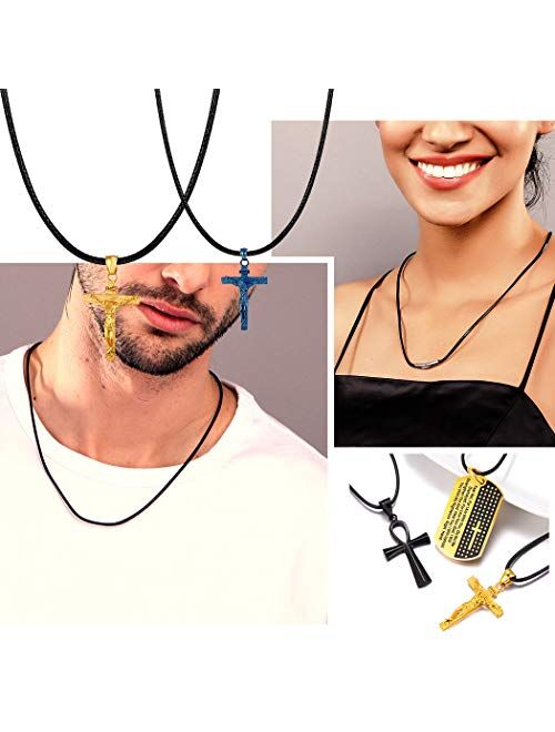 U7 2mm 3mm Black/Brown Leather Cord Necklace with Customizable Stainless Steel Clasp, Men Women Woven Wax Rope Chain for Pendant,Length 16