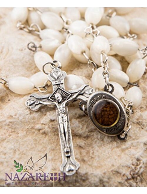 Nazareth Store Mother of Pearl Catholic Rosary Jerusalem Holy Soil Medal and Cross Holy Land Velvet Bag