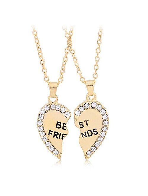 ODETOJOY Best Friends Necklace for 2 BFF Broken Heart Necklace Rhinestone Bestfriends Engraved Letters Pendant