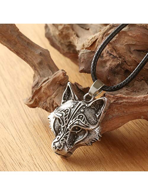 HAQUIL Wolf Necklace - Viking Celtic Wolf Head Pendant - Leather Cord - Wolf Jewelry Gifts