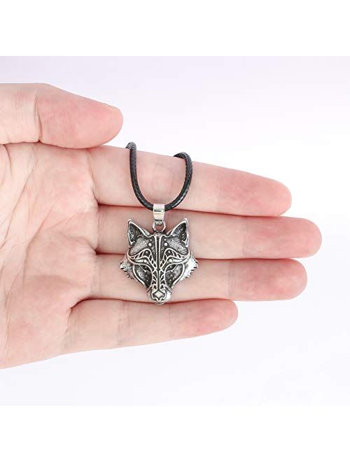 HAQUIL Wolf Necklace - Viking Celtic Wolf Head Pendant - Leather Cord - Wolf Jewelry Gifts