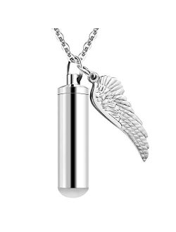 Dletay Cylinder Cremation Urn Necklace for Ashes Memorial Keepsake Pendant with Angel Wing Stainless Steel Remembrance Jewelry