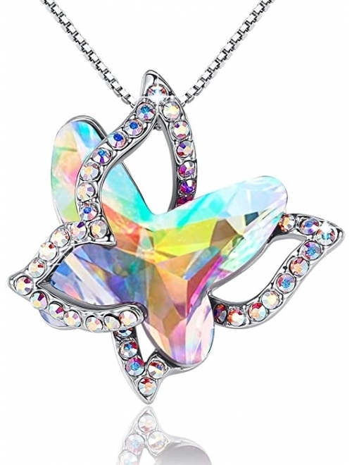 GEMMANCE Butterfly Crystal Necklace with Premium Birthstone, Silver-Tone, 18+2 Chain