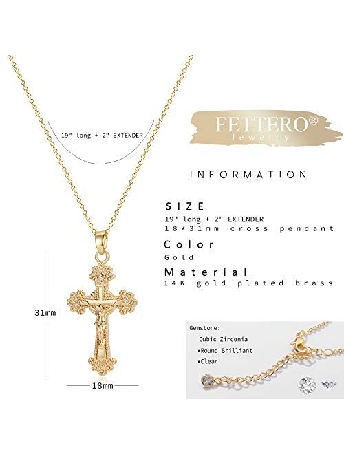 Fettero Cross Necklace Faith Pendant 14K Plated Dainty Chain Minimalist Simple Tiny God Lords Prayer Religious Jewelry Gift