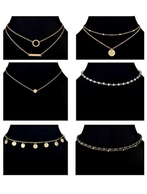 Ofeiyaa 12/16pcs Chain Gold Bead Necklace Coin Moon Star Pearl Pendant Chain Choker Multilayer Necklace Leather Cord Set for Women Men Adjustable Gold Tone