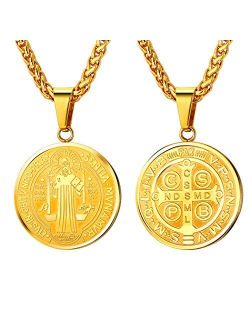 Saint Benedict Medal Necklace 18K Gold or 316L Stainless Steel Christian Sacramental Medal Ward off Evil Protection Jewelry Catholic Gift for Men Women, Customizable