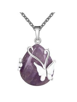 Bivei Vintage Wire Wrap Butterfly Gemstone Rose Quartz Amethyst Opalite Healing Crystal Pendant Necklace