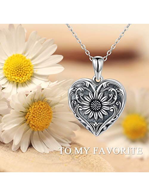 SOULMEET Sunflower Heart Shaped Locket Necklace That Holds Picture Photo Keep Someone Near to You Sterling Silver Custom Jewelry Personalized Locket Necklace