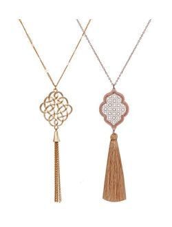 ALEXY 2Pcs Long Chain Pendant Necklace Set, Filigree Quatrefoil and Celtic Knot Pendant Tassel Y Necklaces for Women