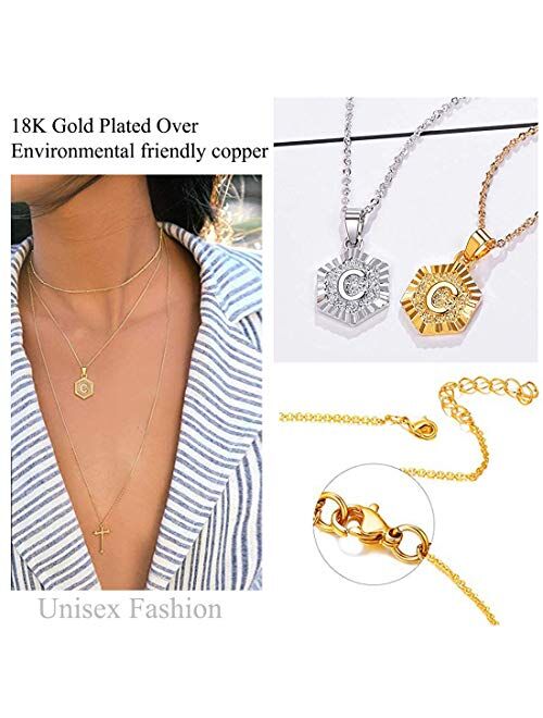 U7 Women Girls Tiny Hexagon initial Necklace Platinum/18K Gold Plated Name Alphabet Jewelry Dainty Letter Pendant Embossed Grain Monogram Necklace A to Z,Custom Engravabl