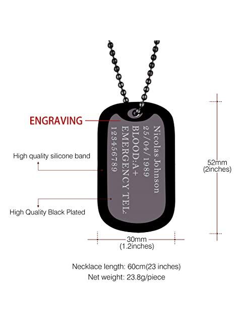 U7 Men Women Custom ID Tag,Stainless Steel Medical Identification Necklace Bead Chain 23 Inch, Silicone Silencer, Military Dog Tag Customized with Text or Image, Gift Pac