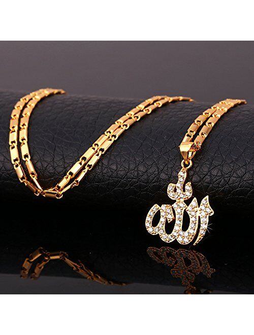 U7 CZ Allah Pendant Necklace with Chain Platinum / 18K Gold Plated Muslim Jewelry, with Text Engraving Service