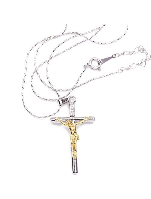 FC Jory White & Rose Yellow Gold Plated Cross Jesus Christ Crucifix Cross Pendant Chain Necklace