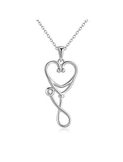 YFN Sterling Silver Caduceus Angel Nursing Themed Stethoscope Pendant Necklace 18"