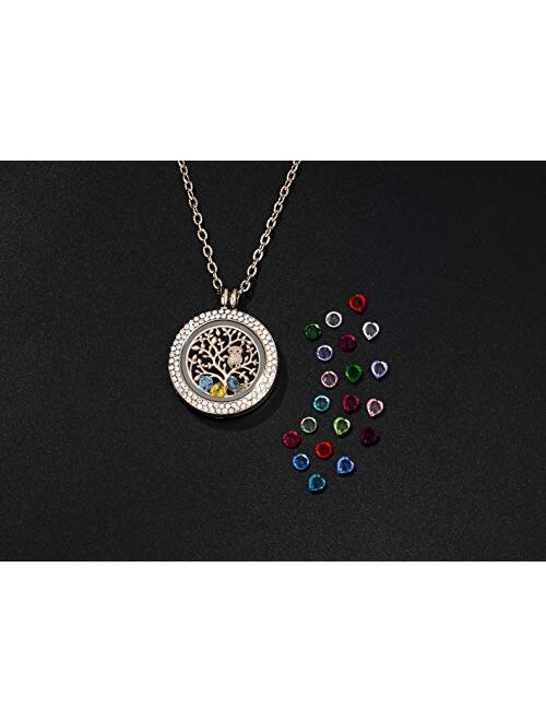 I Love You to The Moon and Back Family Tree of Life Floating Charms Memory Locket Necklace with Created Birthstone