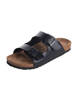 WTW Men's Arizona 2-Strap PU Leather Platform Sandals, Slid-on Cork Footbed Sandals with Double Metal Adjustable Buckles, Causal Style