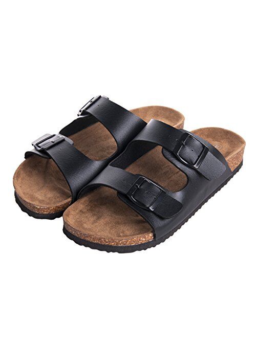 WTW Men's Arizona 2-Strap PU Leather Platform Sandals, Slid-on Cork Footbed Sandals with Double Metal Adjustable Buckles, Causal Style