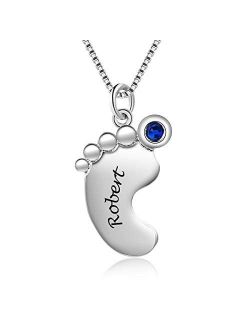 Personalized Necklace for Mother 1-4 Custom Baby Feet Pendant Necklace for Mom with Simulated Birthstone Free Engraving Baby Name or Date