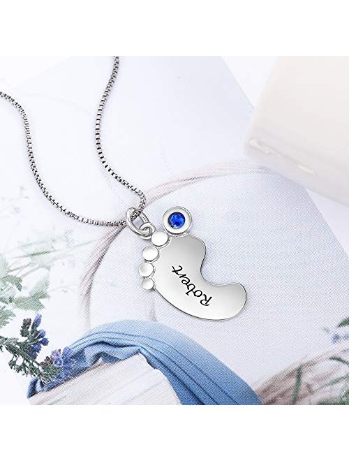 Personalized Necklace for Mother 1-4 Custom Baby Feet Pendant Necklace for Mom with Simulated Birthstone Free Engraving Baby Name or Date