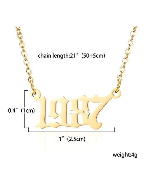 RINHOO Birth Year Number Pendant Necklace Stainless Steel Gold Number Birthday Necklace Chain Jewelry for Women Girl