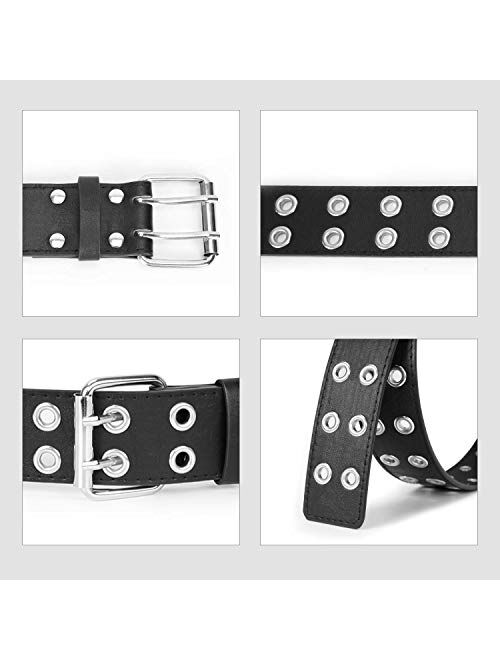 WERFORU Double Grommet Belt PU Leather Punk Aesthetic Belt for Women Jeans 2 Hole Belts 1.5 Wide