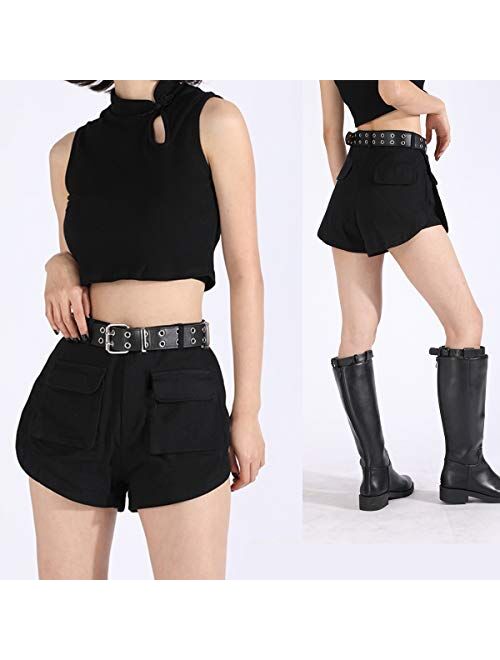 Double Grommet PU Leather Belt for Women/Men Punk metal Jean Belt Wide 1.5 Inch