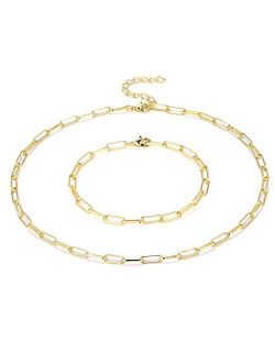 14K Gold Plated Paperclip Link Chain Necklace Bracelet Set for Women Girls