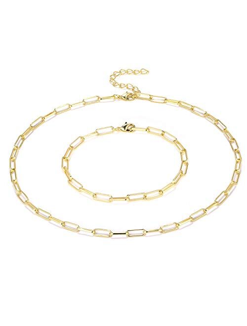 14K Gold Plated Paperclip Link Chain Necklace Bracelet Set for Women Girls