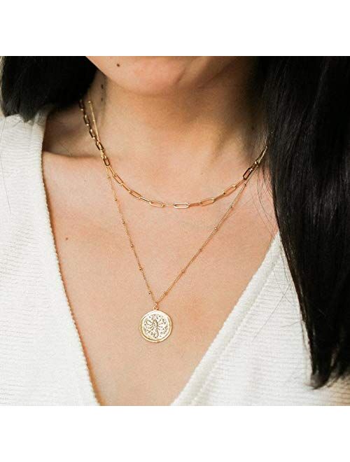 14K Gold Plated Paperclip Link Chain Necklace Bracelet Set for Women Girls