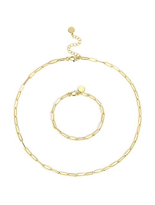 14K Gold Plated Paperclip Link Chain Necklace Bracelet Set for Women Girls