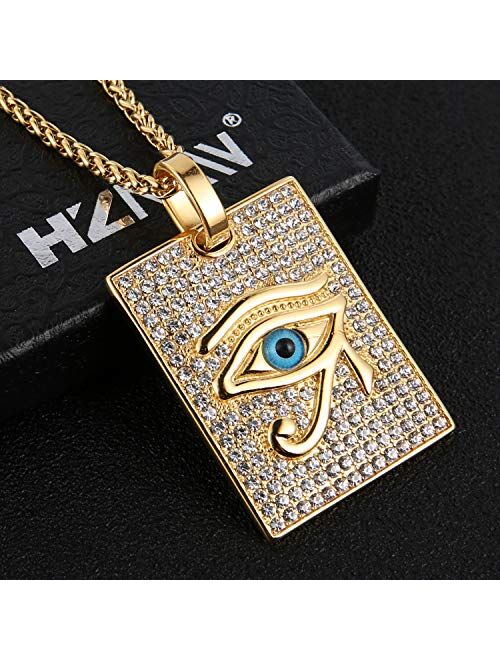 HZMAN 18k Gold Plated Iced Out Eye of Horus Egypt Protection Cross Dog Tag Pendant Stainless steel Necklace