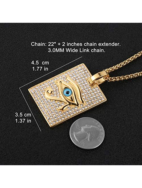 HZMAN 18k Gold Plated Iced Out Eye of Horus Egypt Protection Cross Dog Tag Pendant Stainless steel Necklace