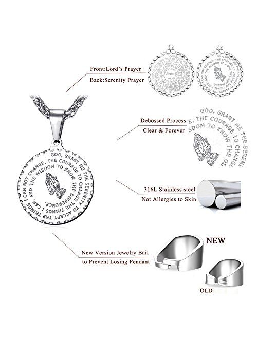 Bible Verse Prayer Necklace Free Chain Christian Jewelry Stainless Steel Praying Hands Coin Medal Pendant