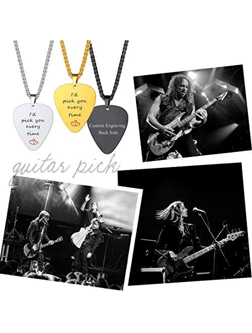 U7 Men Women Guitar Pick Necklace with Adjustable Chain Stainless Steel Music Note/Guitar/Headphone Jewelry Personalized Pendant Gift, with Custom Engrave Service