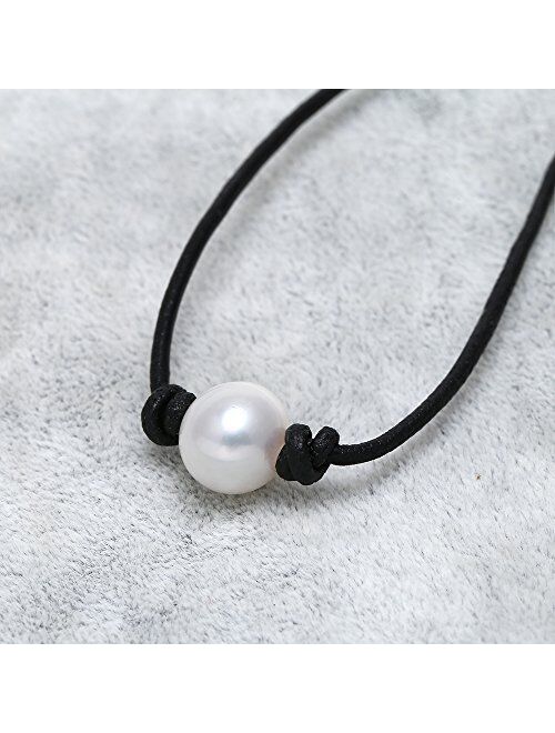 Single Cultured Freshwater Pearl Chokers for Girls Handmade Black Leather One Bead Pendant Jewelry for Women Fashion Boho Necklace Choker with Pearl for Valentine's Day G