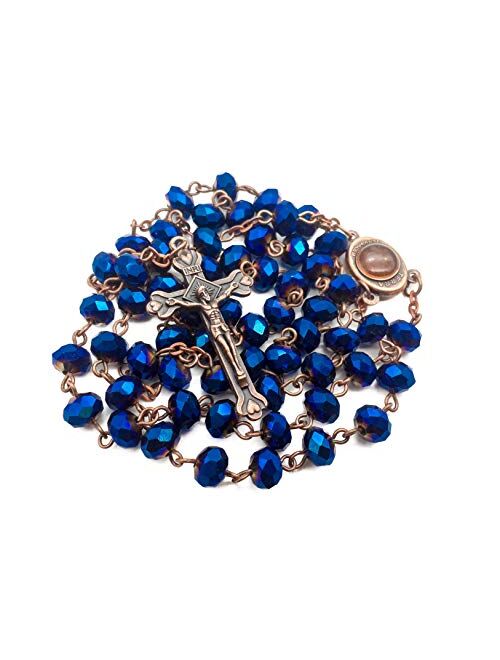 Nazareth Store Deep Blue Crystal Beads Rosary Necklace Catholic Prayer Jerusalem Holy Soil Medal Cross Holy Land Antique Religious Rosaries Beads Collection