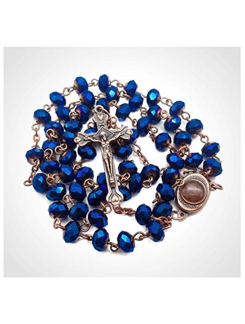 Nazareth Store Deep Blue Crystal Beads Rosary Necklace Catholic Prayer Jerusalem Holy Soil Medal Cross Holy Land Antique Religious Rosaries Beads Collection