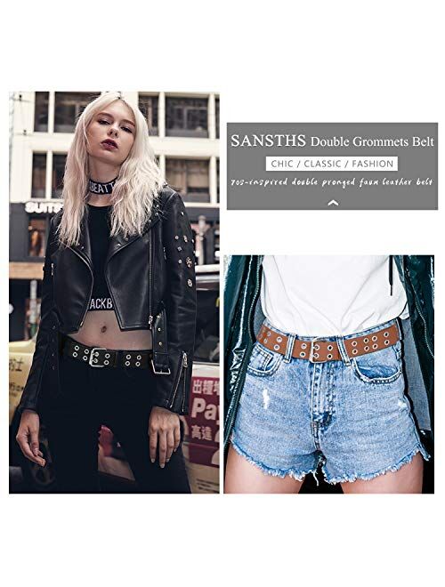 Womens Double Grommet Faux Leather Belts Mens Punk Rock Belt for Jeans Costume by SANSTHS