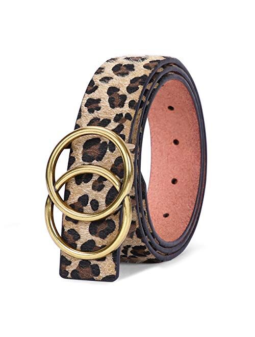 Women's Leopard Print Leather Belt for Jeans Dresses Fashion Waist Belt with Gold Double Ring Buckle