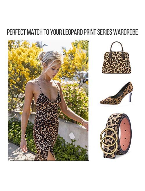 Women's Leopard Print Leather Belt for Jeans Dresses Fashion Waist Belt with Gold Double Ring Buckle