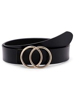 Womens Leather Ring Belt for Jean, Mothers Day Gifts Double Circle Buckle Belts Fit Waist 26-42 Inch