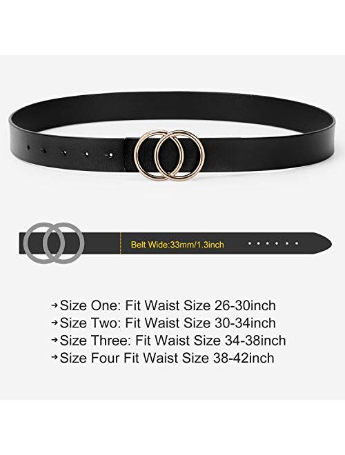 Womens Leather Ring Belt for Jean, Mothers Day Gifts Double Circle Buckle Belts Fit Waist 26-42 Inch