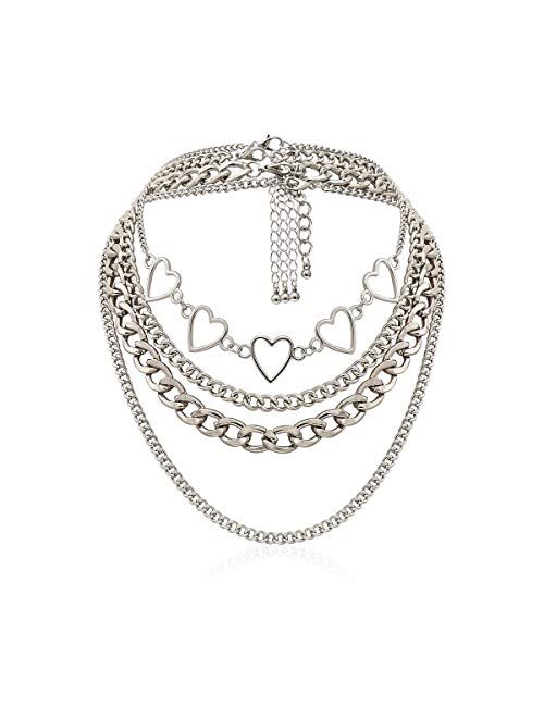 Simple Hearts Necklace Lolita Choker Chain for Girls Women Layered Cuban Chunky Chain Necklace Chic Style Wedding Dress Jewelry (Silver 1)
