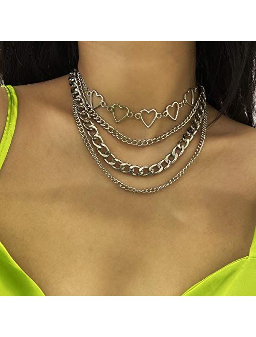 Simple Hearts Necklace Lolita Choker Chain for Girls Women Layered Cuban Chunky Chain Necklace Chic Style Wedding Dress Jewelry (Silver 1)
