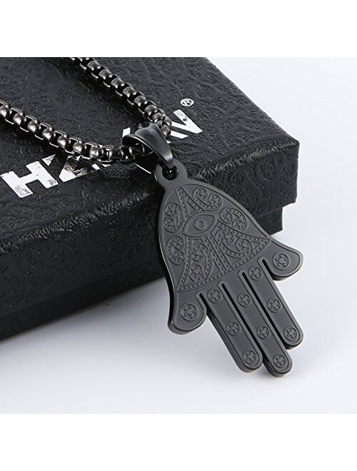 HZMAN Stainless Steel Egyptian Eye Fatima Hamsa Hand Pendant Necklace Success and Protection Lucky