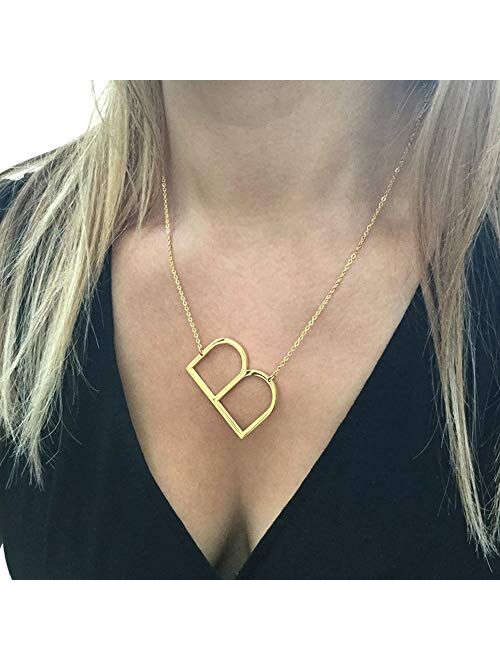 Sideways Large Initial Necklace for Women - 18K Gold Plated Letter Necklace for Women Girls, Stainless Steel Big Alphabet Monogram Necklace A-Z Name Slanted Initial Neckl