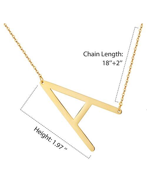 Sideways Large Initial Necklace for Women - 18K Gold Plated Letter Necklace for Women Girls, Stainless Steel Big Alphabet Monogram Necklace A-Z Name Slanted Initial Neckl