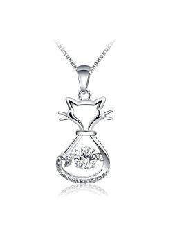 T400 925 Sterling Silver Cat Dog Fox Swan Pendant Necklace with Dancing Diamond Stone Cubic Zirconia Birthday Gift for Women Girls