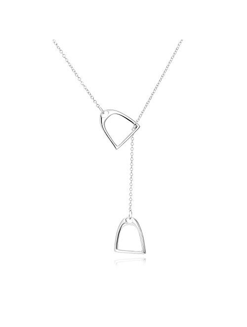 YFN Horse Gift Jewelry 925 Sterling Silver Simple Double Horse Strirrup Lariat Necklace Horse Gift for Women Girls