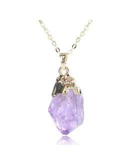 KISSPAT Unpolished Raw Amethyst Stone Pendant Necklace with 26'' Long Chain
